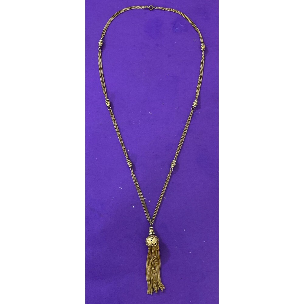 Vintage Gold Tone Filigree Station Chain Tassel Sautoir Necklace 1960s 1970s